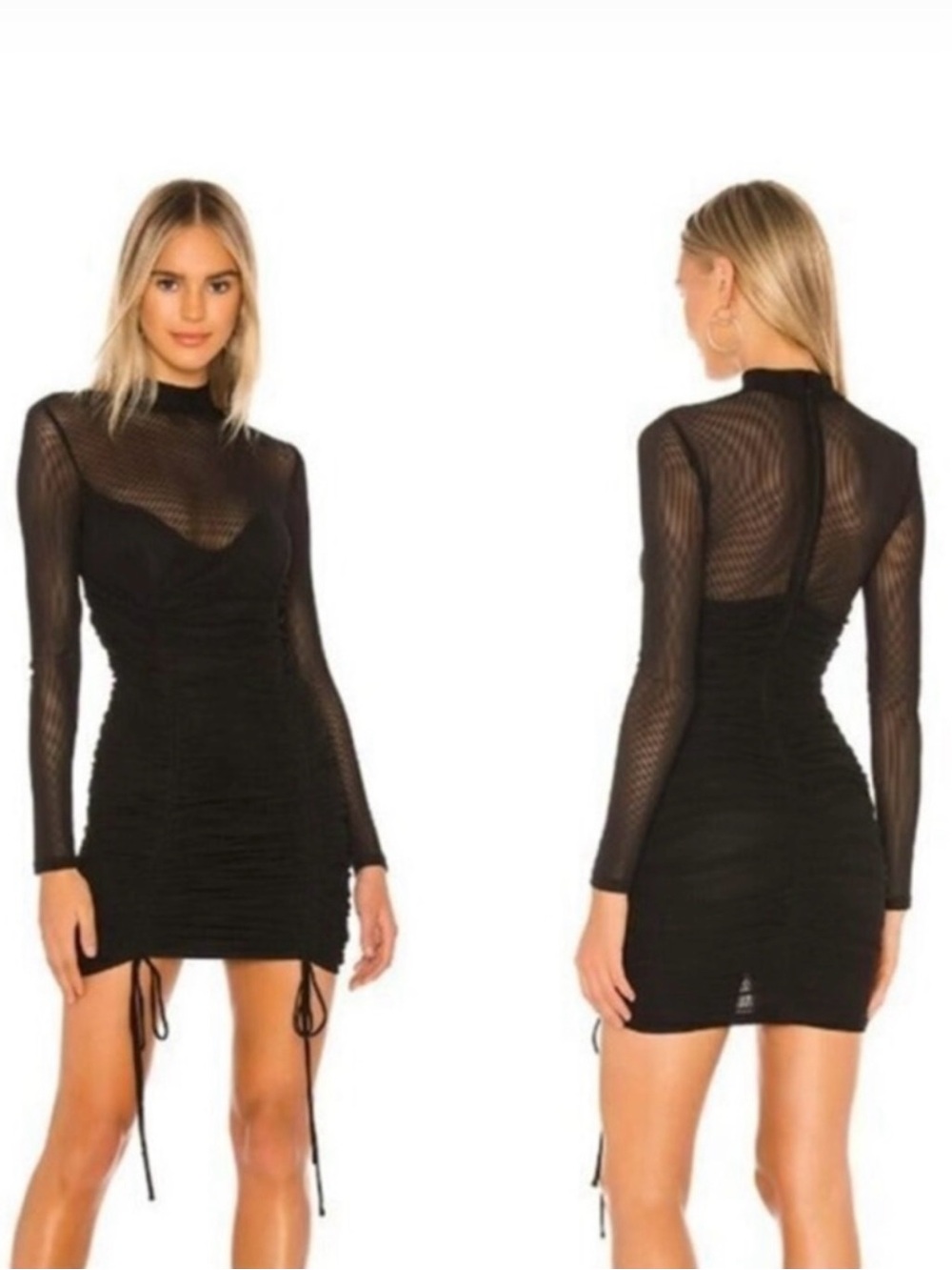 NBD Black Mesh Long-Sleeve Ruched Mini Dress revolve